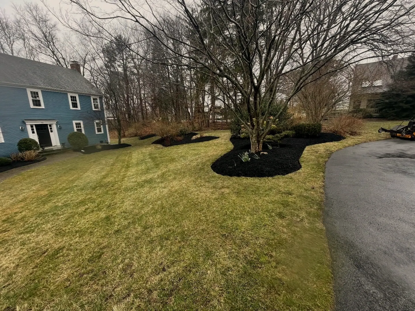 Fresh black-mulch beds and lawn at a blue colonial house, second view