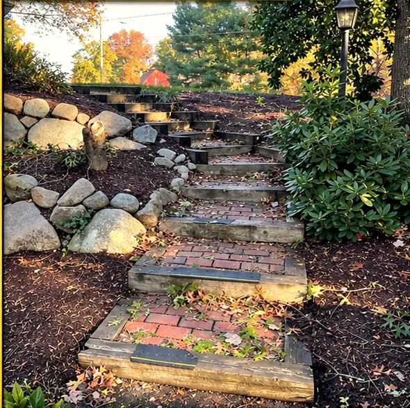 Old timber and brick steps climbing a mulched slope between boulders and rhododendrons, before the rebuild